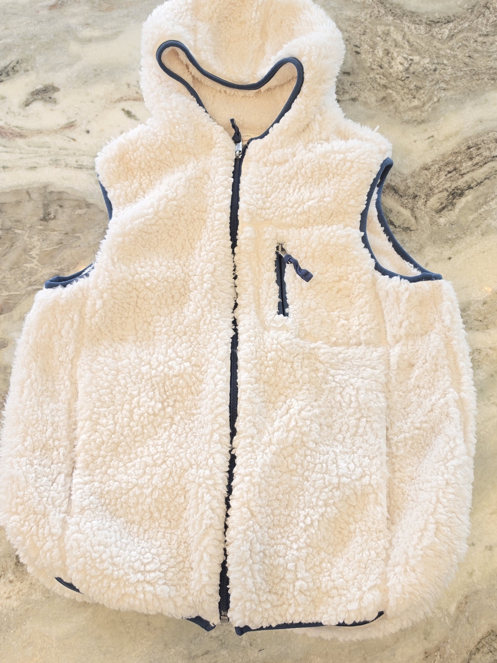 Weatherproof Cream Sherpa Hooded Vest with Navy Trim